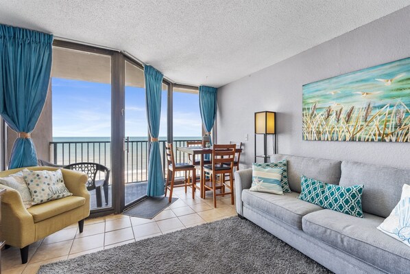 Enjoy oceanviews from your living room and private balcony