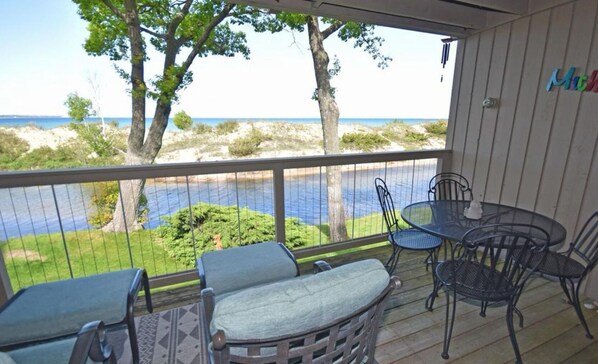 Deck overlooking the Crystal River and Lake Michigan