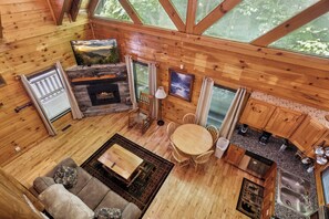 Kitchen and living room as viewed from the loft.