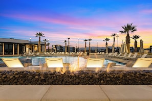 Resort Firepit & Pool at Sunset