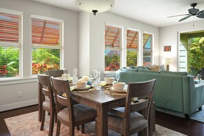 The rustic dining area has dining table for six.