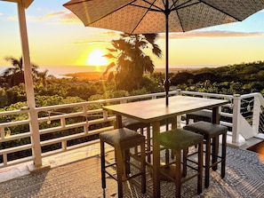 Rooftop deck with 360° views, lounge seating, dining, & propane BBQ