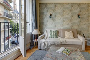 The living area with Eiffel Tower view