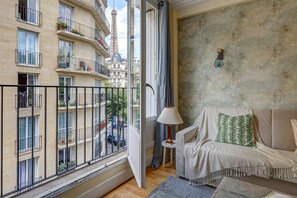 The living area with Eiffel Tower view