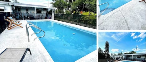 Large pool with 3 lounge chairs and plenty of sling lounge chairs to enjoy.