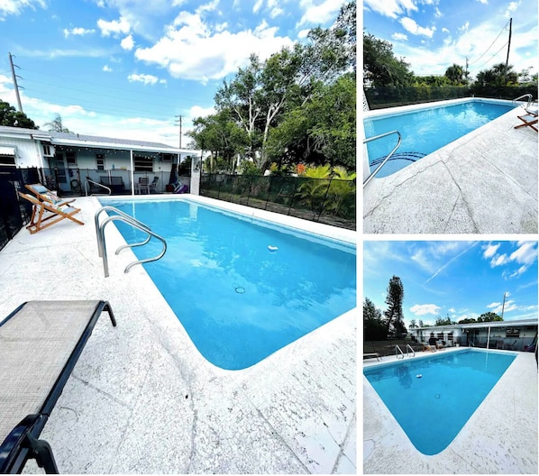 Large pool with 3 lounge chairs and plenty of sling lounge chairs to enjoy.