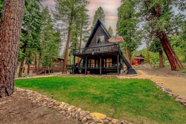 Exterior: Charming A-frame home, 2 decks, backyard w/bocce ball, horseshoe pit, picnic table