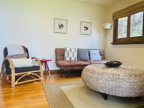 Living room with fold down memory foam futon sofa.