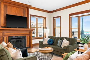 Curl up next to the stately gas fireplace. 