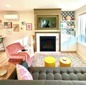 Cozy seating and gas fireplace