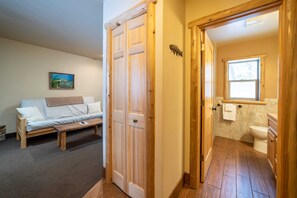 Entrance view of the living room area, the coat closet and the bathroom.