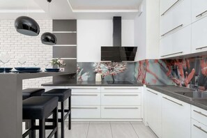 Kitchenette with a dining area.