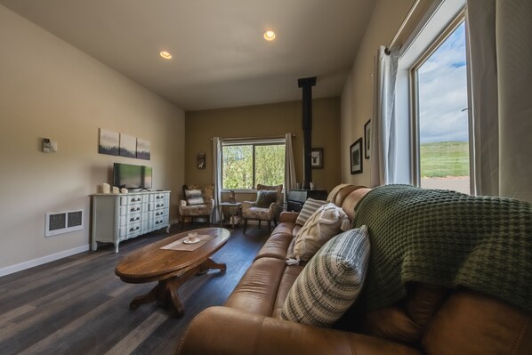 Living area with ample seating and fireplace