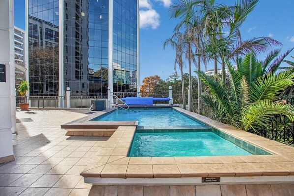 The hot tub is at the end of the pool so you can enjoy both leisure attractions.