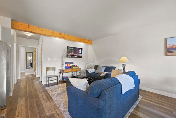 Living Room equipped with comfy sleeper sofa and TV