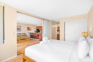 Soft linens and serene ambiance: sleep soundly in our bedroom.