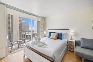A restful escape awaits in our beautifully designed bedroom.
