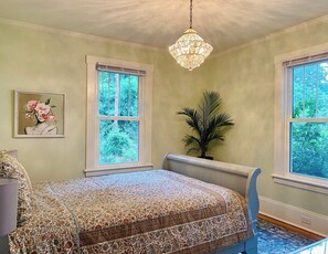 Bedroom one with soft, queen bed 