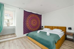 Bedroom with comfortable double bed.