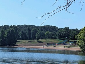 Seneca Lake Beach with Splash Pad in the background