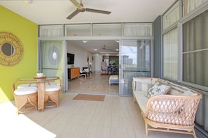 Private balcony, sitting area and ceiling fan