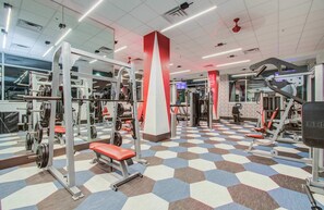 This fully decked-out gym will take your workout to the next level! Fully equipped with weights and machines, all you have to do is show up and be ready to work up a sweat!