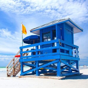 Blue Lifeguard Stand - Sink your toes in the dazzling, powder, white quartz sand on Siesta Key.
