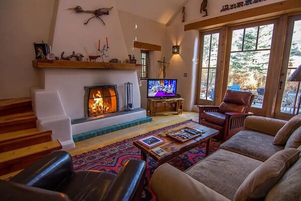 A roaring fire in the living area