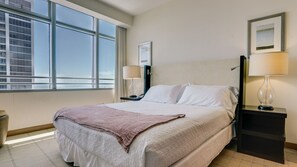 The bedroom features a luxurious king-size bed for ultimate comfort and relaxation.