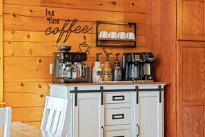Enjoy our Breville Espresso Machine and coffee bar with gourmet syrups for the perfect cup of coffee.