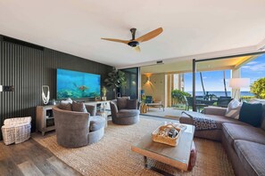 Living Room | Polo Beach 108 in Wailea, Maui by Luxus Vacation Properties