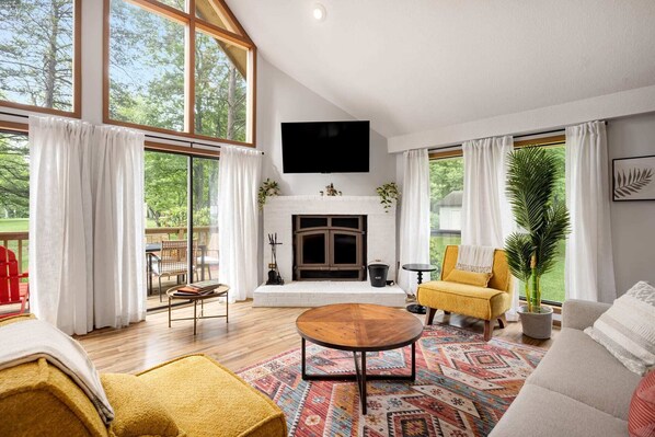 The great room is bright and open, perfect for enjoying the beautiful views