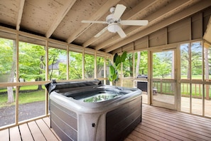 Relax in the hot tub after a long day exploring