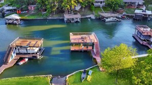 The dock is a great fishing spot with deep water on this quiet channel.