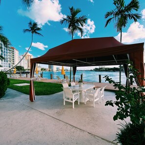 Outdoor picnic area and fishing dock