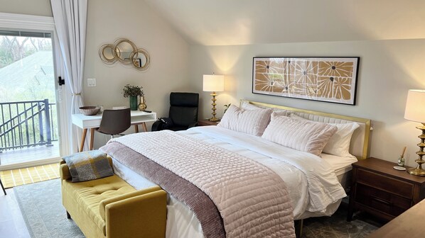 A comfortable stay—plush king-size bed with cotton lines and central air or heat