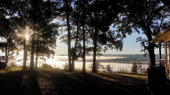 Sunrise viewed between cabins