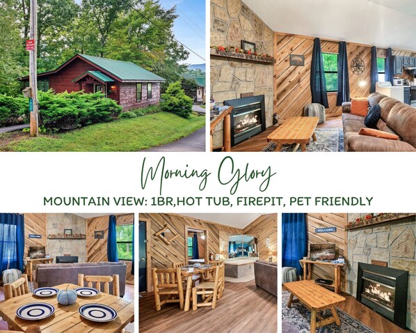 Discover the charm of Morning Glory: A cozy mountain view cabin with a hot tub, fire pit, and pet-friendly amenities. Perfect for a romantic getaway or a small family adventure!