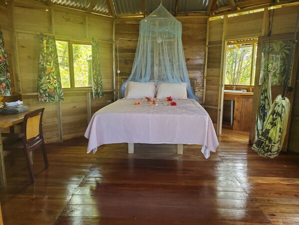 your bed, desk an hammock with door to bathroom