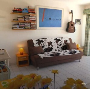 living room, selection of dvds and sofabed