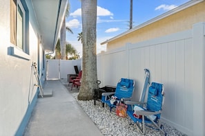 Our unit Includes 2 beach chairs, beach towels, beach umbrella, beach toys, and beach wagon for easy transport.