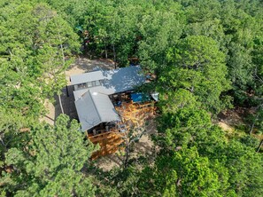 The back of the cabin features a deck with views for days.