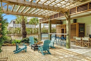 Experience the ultimate island vibe! This tropical retreat features a full bathroom, a cozy fire pit, a spacious dining table, a TV, a gas grill and a stylish bar area—all under a covered patio right next to the pool and spa. Perfect for relaxation and outdoor enjoyment!