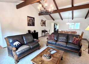 Cozy living area with real wood-burning fireplace