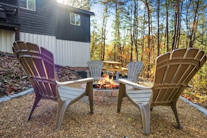 There is a fire pit for making s'mores and trading stories.