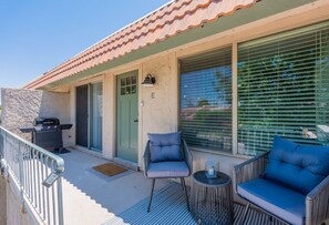 Seating and BBQ on the front patio