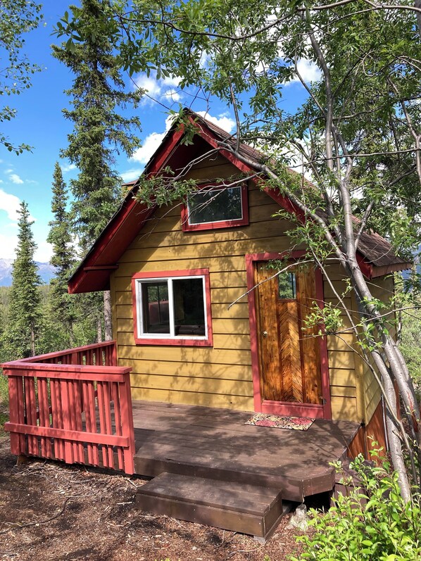 Experience Alaska in a quaint, one room cabin perched on a hill.