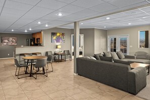 Spacious lower level family room, eating area and kitchen. 
