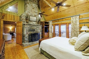 Bedroom with fireplace. 