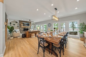Dining seating for 16 total in the living room and kitchen